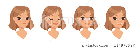 Pretty Woman Character Face with Short Haircut Pose Vector Set 114973587