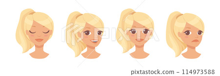 Pretty Woman Character Face with Ponytail Pose Vector Set Pretty Woman Character Face with Ponytail Pose Vector Set 114973588