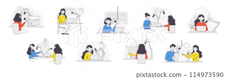 Podcast Recording with Young Man and Woman with Microphone Broadcasting and Live Streaming Outline Vector Set 114973590
