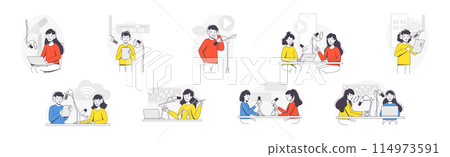 Podcast Recording with Young Man and Woman with Microphone Broadcasting and Live Streaming Outline Vector Set 114973591