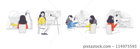 Podcast Recording with Young Woman with Microphone Broadcasting and Live Streaming Outline Vector Set 114973593