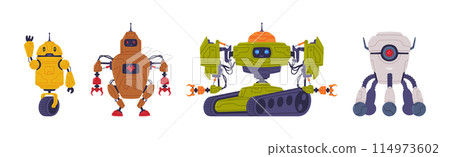 Metal Robot Machine with Limbs for Labor Automation Vector Set Metal Robot Machine with Limbs for Labor Automation Vector Set 114973602