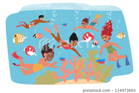 Group Of Playful Children Engaged In An Underwater Snorkeling Adventure. Surrounded By Colorful Tropical Fish, Corals Group Of Playful Children Engaged In An Underwater Snorkeling Adventure. Surrounded By Colorful Tropical Fish, Corals 114973603