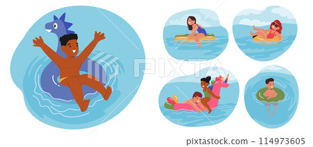 Children Enjoy A Sunny Day In A Swimming Pool, Floating On Bright Inflatable Rings. Kids Exhibit Joy And Playfulness 114973605