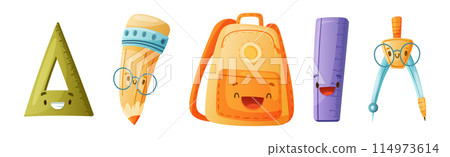 Funny School Items with Smiling Faces as Cartoon Education Supply Vector Set 114973614