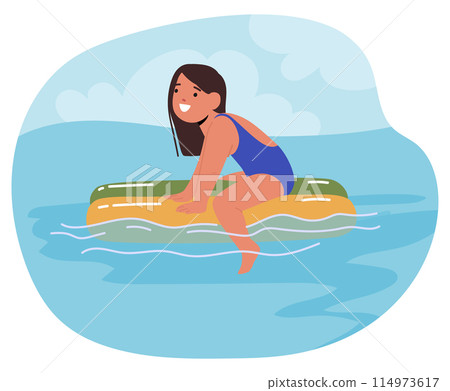 Child Girl Swimming In Clear Blue Water on Floater Under A Bright Sky, Symbolizing Carefree Summer Days And Aquatic Fun Child Girl Swimming In Clear Blue Water on Floater Under A Bright Sky, Symbolizing Carefree Summer Days And Aquatic Fun 114973617