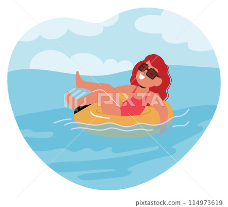 Child Girl Enjoying A Sunny Day, Lying On A Yellow Inflatable Ring In The Sea. She Wears Sunglasses And A Red Swimsuit 114973619