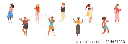 Man and Woman Character Showing Hand Gesture Expressing Emotion with Body Language Vector Illustration Set 114973620