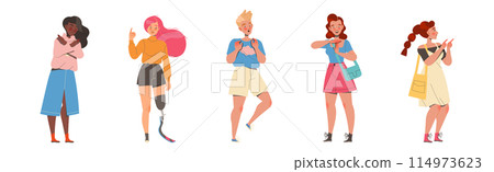 Man and Woman Character Showing Hand Gesture Expressing Emotion with Body Language Vector Illustration Set 114973623