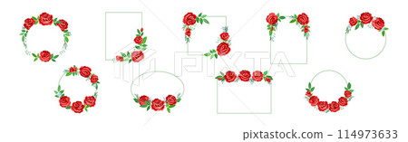 Rose Frame with Red Lush Bud and Green Leaves Arranged in Shape with Border Vector Set Rose Frame with Red Lush Bud and Green Leaves Arranged in Shape with Border Vector Set 114973633