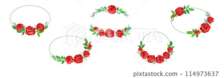 Rose Frame with Red Lush Bud and Green Leaves Arranged in Shape with Border Vector Set 114973637