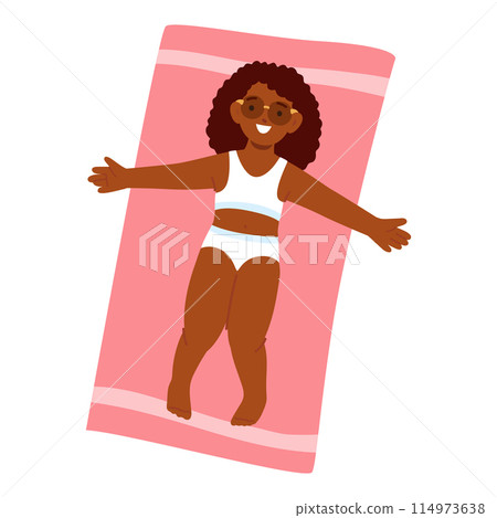 Cheerful Young Girl In White And Blue Bikini Sunbathes On A Bright Pink Beach Towel. Vector Image Captures Joy And Relax 114973638