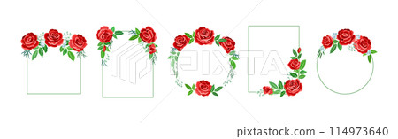 Rose Frame with Red Lush Bud and Green Leaves Arranged in Shape with Border Vector Set Rose Frame with Red Lush Bud and Green Leaves Arranged in Shape with Border Vector Set 114973640