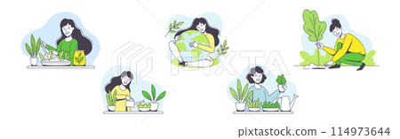 Saving Ecology with Young Man and Woman Caring about Green Planet and Nature Vector Set Saving Ecology with Young Man and Woman Caring about Green Planet and Nature Vector Set 114973644