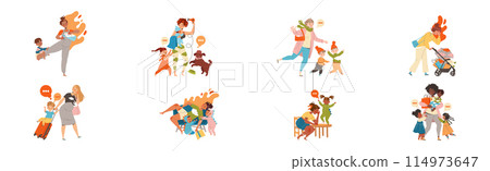 Tired Mom with Kids Feeling Stress and Exhaustion of Noisy and Naughty Toddler Vector Set Tired Mom with Kids Feeling Stress and Exhaustion of Noisy and Naughty Toddler Vector Set 114973647