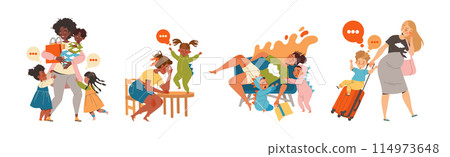 Tired Mom with Kids Feeling Stress and Exhaustion of Noisy and Naughty Toddler Vector Set 114973648