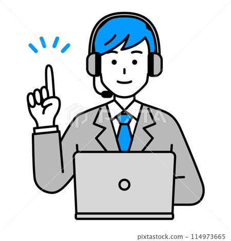 A male operator working on a laptop computer coming up with an idea 114973665