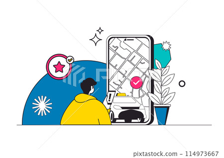 Taxi booking outline web concept in modern flat line design. Man using mobile app for ordering car transportation with online map route. Automobile transfer service in application. Vector illustration Taxi booking outline web concept in modern flat line design. Man using mobile app for ordering car transportation with online map route. Automobile transfer service in application. Vector illustration 114973667