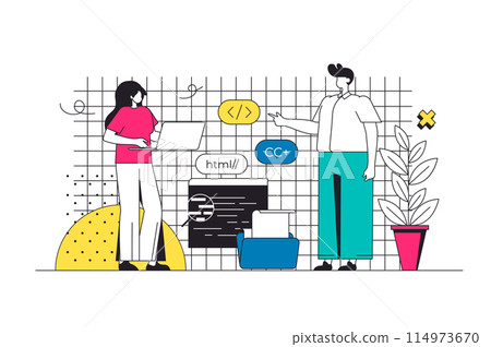 Programming outline web concept in modern flat line design. Woman and man working with programming code, creating software products, making optimization app, developing project. Vector illustration 114973670