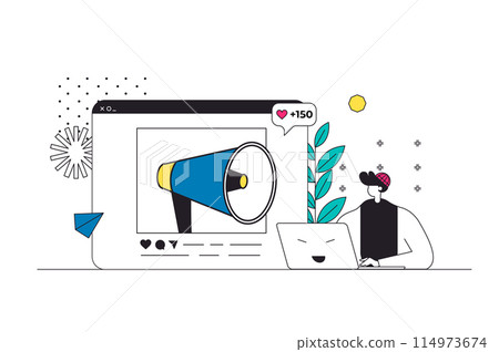 Outbound marketing outline web concept in modern flat line design. Man making advertising for customer communication and attracting clients, promoting brand products in internet. Vector illustration 114973674