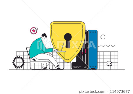 Network security outline web concept in modern flat line design. Man protecting personal data in internet with password shield protection access and firewall security system. Vector illustration Network security outline web concept in modern flat line design. Man protecting personal data in internet with password shield protection access and firewall security system. Vector illustration 114973677