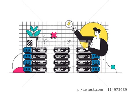 Hosting provider outline web concept in modern flat line design. Man using cloud computing platform, website hosting service and online data center from hardware and software. Vector illustration Hosting provider outline web concept in modern flat line design. Man using cloud computing platform, website hosting service and online data center from hardware and software. Vector illustration 114973689