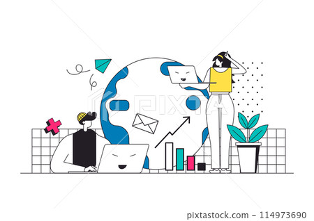 Global business strategy outline web concept in modern flat line design. Team working in international company with worldwide offices with corporate strategy and online teamwork. Vector illustration Global business strategy outline web concept in modern flat line design. Team working in international company with worldwide offices with corporate strategy and online teamwork. Vector illustration 114973690