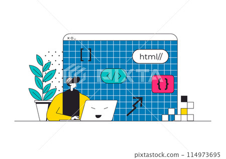 DevOps outline web concept in modern flat line design. Programmer coding and working at project, connecting with administration manager for collaboration and integration practice. Vector illustration 114973695