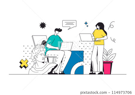 Creative agency outline web concept in modern flat line design. Designer team brainstorming and creating trendy digital content and advertising, working at company art projects. Vector illustration 114973706
