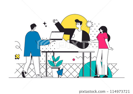 Business training outline web concept in modern flat line design. Colleagues learning at meeting with coach, learning at online professional seminar, brainstorming at workshop. Vector illustration 114973721