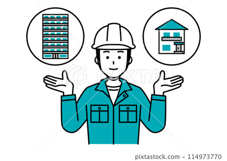 A male worker offers the choice between a house or an apartment 114973770