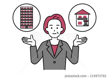 A middle-aged woman in a suit suggests the choice between a house or an apartment 114973782