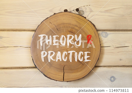 Theory and practice symbol. Concept words Theory and practice on beautiful wooden circle. Beautiful wooden wall background. Business theory and practice concept. Copy space. 114973811