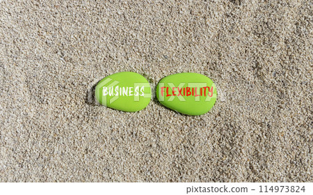 Business flexibility symbol. Concept words Business flexibility on beautiful green stone. Beautiful sea sand beach background. Business flexibility concept. Copy space. 114973824