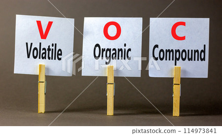 VOC volatile organic compound symbol. Concept words VOC volatile organic compound on beautiful white paper. Beautiful grey background. Business VOC volatile organic compound concept. Copy space. 114973841