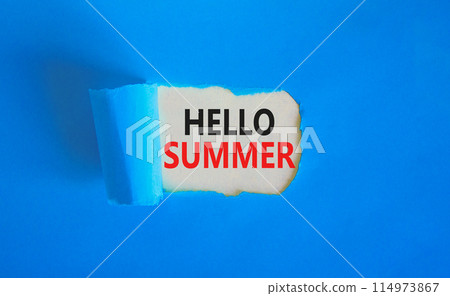 Hello summer symbol. Concept words Hello summer on beautiful white paper. Beautiful blue paper background. Business lifestyle Hello summer concept. Copy space. 114973867
