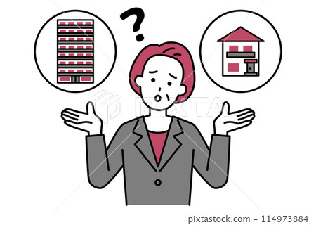 A middle-aged woman in a suit is having trouble deciding between a house or an apartment A middle-aged woman in a suit is having trouble deciding between a house or an apartment 114973884