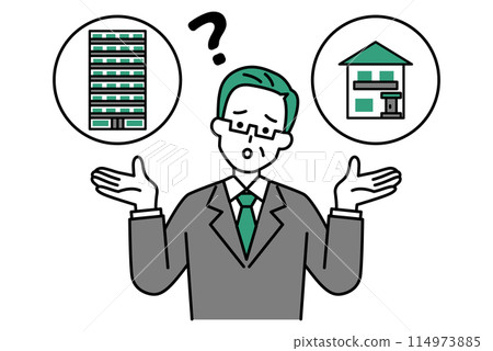 A middle-aged man in a suit is having trouble deciding between a house or an apartment A middle-aged man in a suit is having trouble deciding between a house or an apartment 114973885