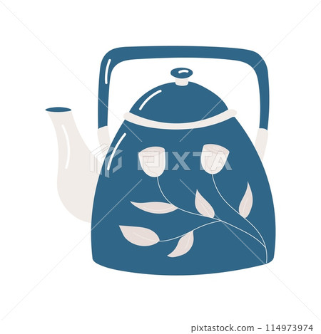 Beautiful blue teapot with flowers on white background. Beautiful blue teapot with flowers on white background. 114973974
