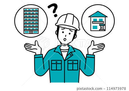 A male worker is undecided about whether to buy a house or an apartment 114973978
