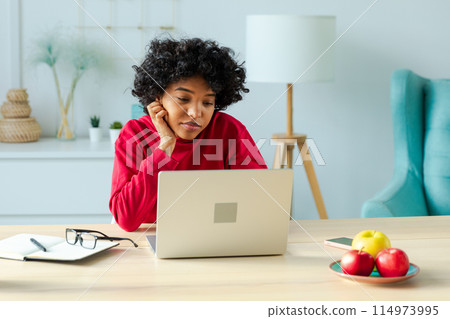 African american girl using laptop at home office looking at screen typing chatting reading writing email. Young woman having virtual meeting online chat video call conference. Work learning from home African american girl using laptop at home office looking at screen typing chatting reading writing email. Young woman having virtual meeting online chat video call conference. Work learning from home 114973995
