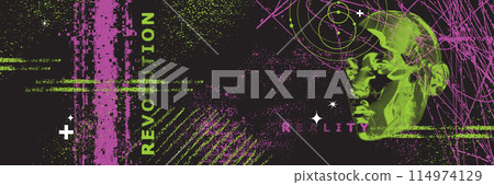 Retro futuristic background, vector grunge noise cyber technology poster, pixel glitch effect print 114974129