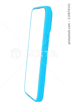 Phone mockup with white screen, blue case. Modern smartphone, clear empty frame design, digital 114974141
