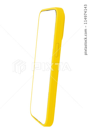 Phone mockup with yellow case, white screen. Modern smartphone, clear empty frame design, digital 114974143