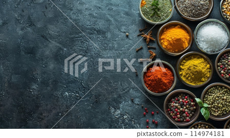 A variety of exotic spices and herbs displayed in small bowls on a dark textured surface, enhancing their colors. Banner with copy space 114974181