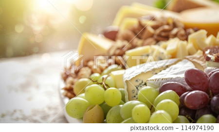 Artisanal cheese board bathed in sunlight, featuring a variety of cheeses and nuts, ideal for a sophisticated palate. 114974190