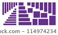 Big set of purple plastic building toy blocks. Simple vector collection of childrens bricks. Abstract vector illustration isolated on a white background 114974234