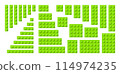 Big set of light green plastic building toy blocks. Simple vector collection of childrens bricks. Abstract vector illustration isolated on a white background 114974235