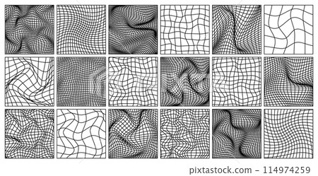 Wireframe shapes, lined perspective mesh, 3d grid. Low poly geometric elements. Retro futuristic design elements, y2k, vaporwave and synthwave style. Vector illustration Wireframe shapes, lined perspective mesh, 3d grid. Low poly geometric elements. Retro futuristic design elements, y2k, vaporwave and synthwave style. Vector illustration 114974259