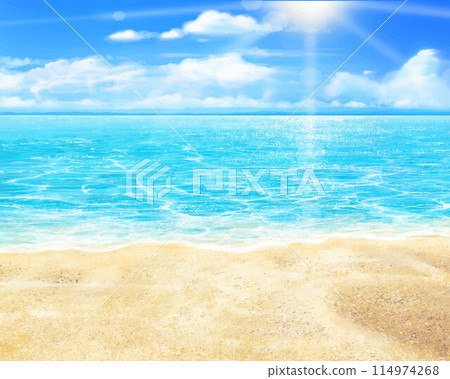 Summer sandy beach and sun - beautiful summer beach frame illustration material with blue sky and sea with clouds 114974268